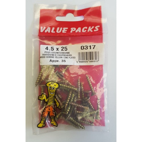 Fastpak Yellow Zinc Plated Countersunk Pozi Chipboard Screws - 4.5 x 25mm Fastpak Yellow Zinc Plated Countersunk Pozi Chipboard Screws - 4.5 x 25mm